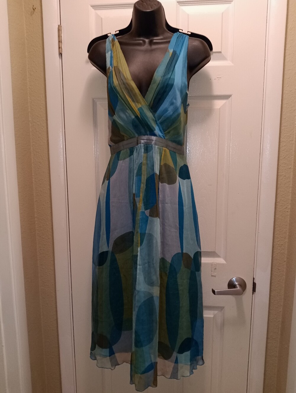 Saja Silk Teal, Blue and Olive Sleeveless V-Neck Midi Dress
